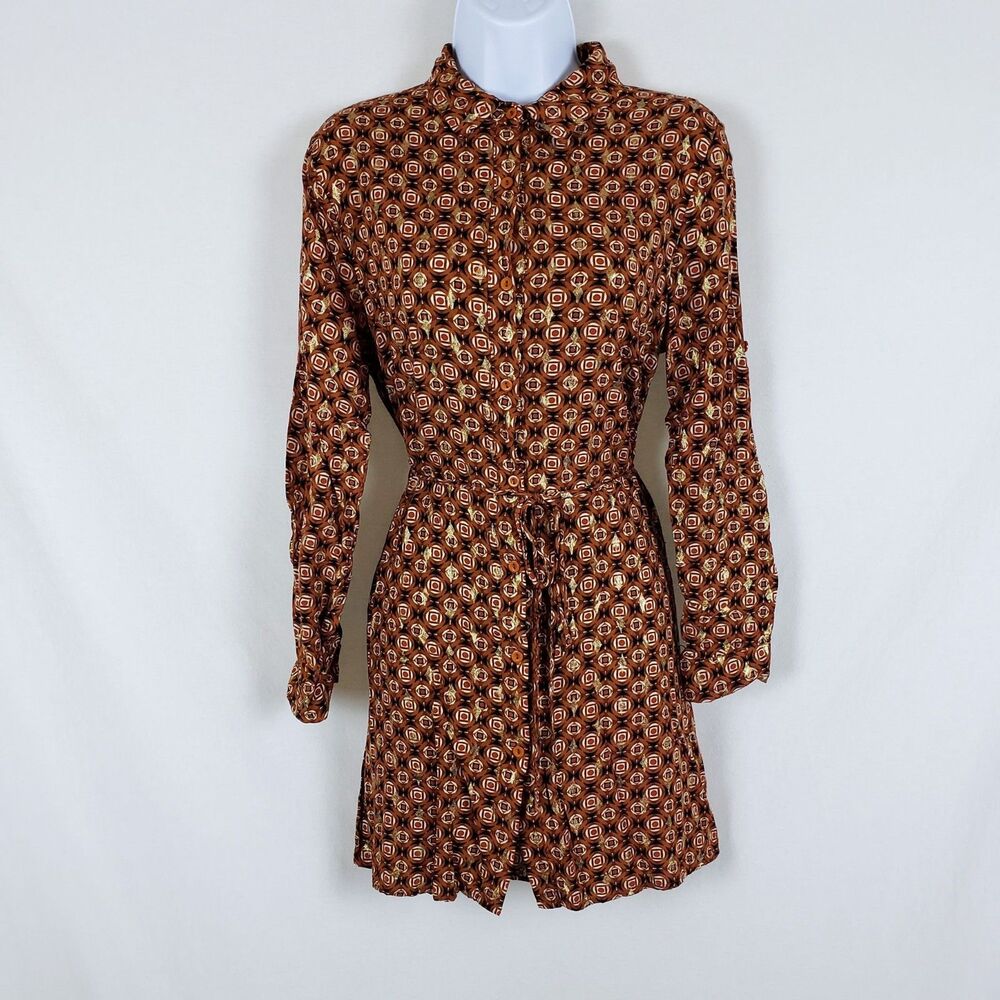 Julia Mini Shirtdress Womens S Brown Tie-Waist Geometric Retro 70s Bohemian